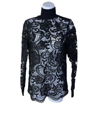 Dylan Gray Black Lace Sheer Mock Neck Blouse Long Sleeve Back Zipper Women Small